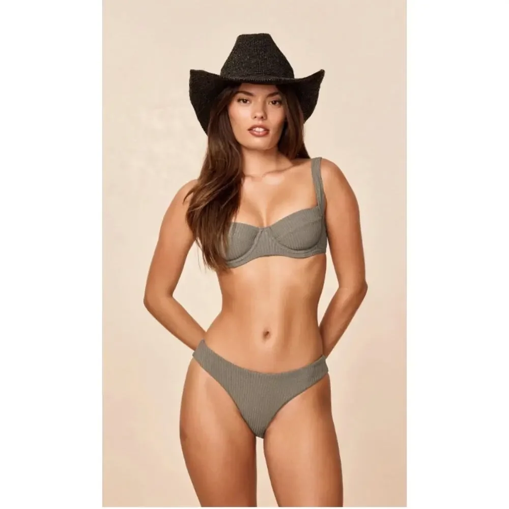 Monday Swimwear Seychelles Bottom and Sorrento Top Steel Lurex Rib New Small